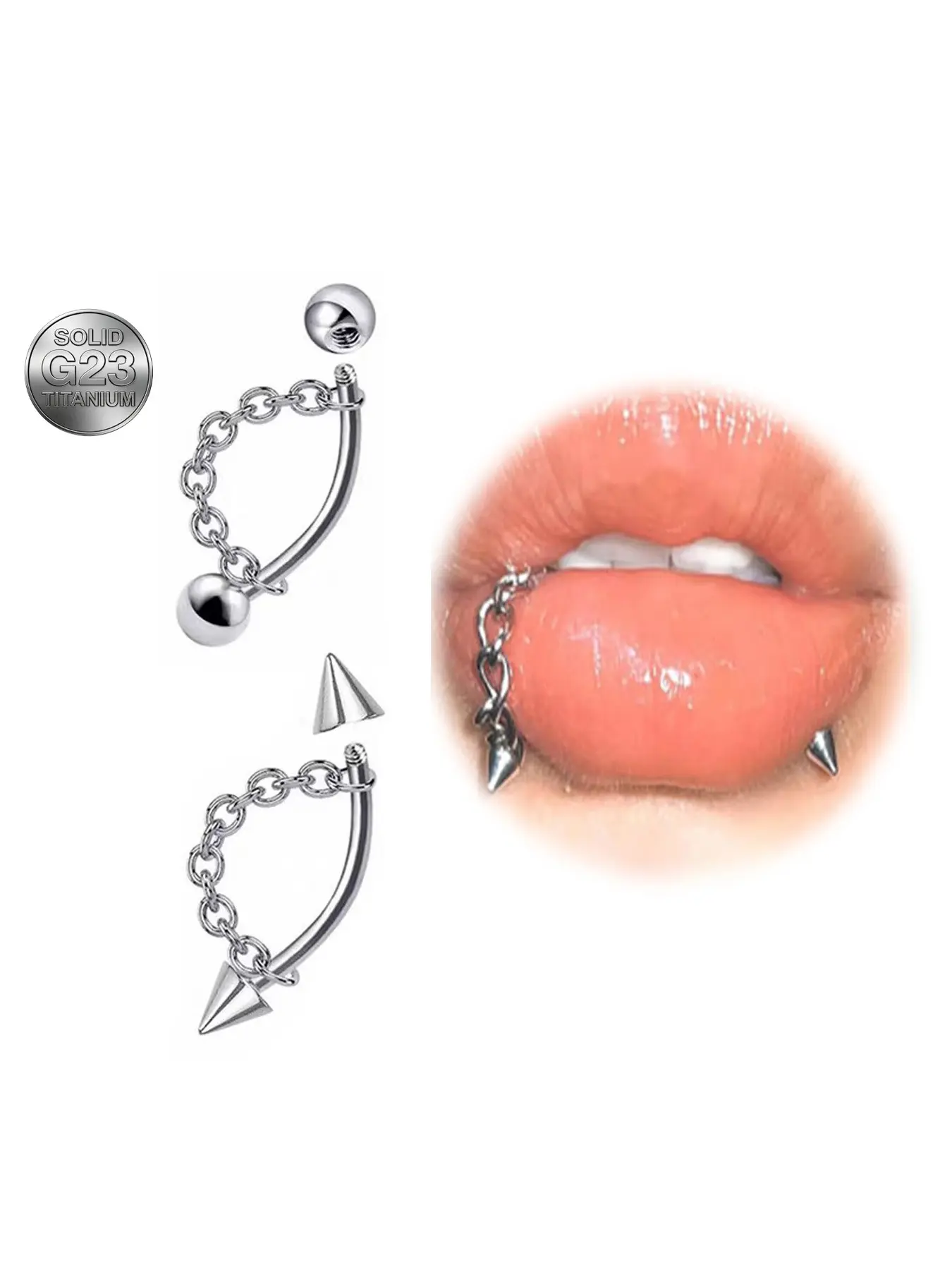 2Pcs 16G Labret Stud with Detachable Chain G23 Titanium Steel Eyebrow Rings Lip Rings Snake Bite Vertical Labret Hypoallergenic Nickel-Free Body Piercing Jewelry
