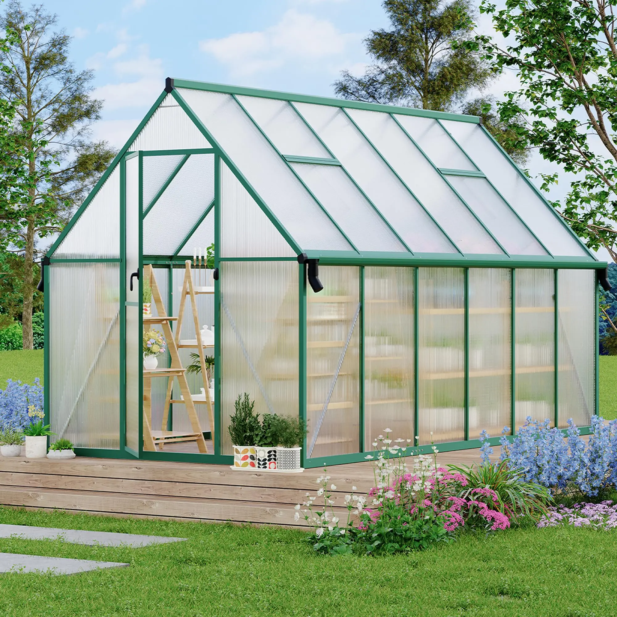 8x12 FT Outdoor Greenhouse, Heavy-Duty Polycarbonate Greenhouses Kit with Adjustable Roof Vent, Reinforced Aluminum Frame Walk-in Green house for Winter & All Seasons Backyard Use