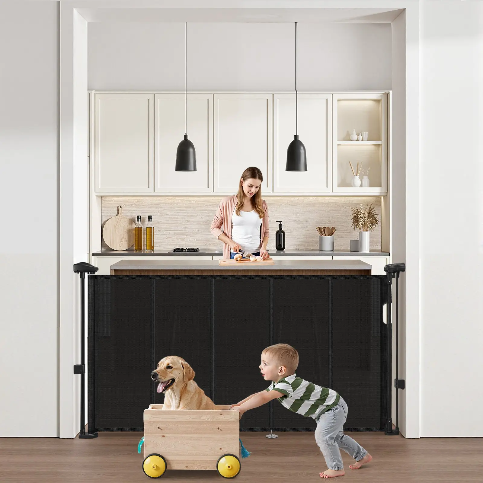 VEVOR Mesh Retractable Baby Gate - 34" Height, Adjustable Width Up to 55", 1-Hand Open, Easy Installation for Indoor Stairs & Doorways, Black Home Safety Gate for Kids/Pets, Mesh Panel