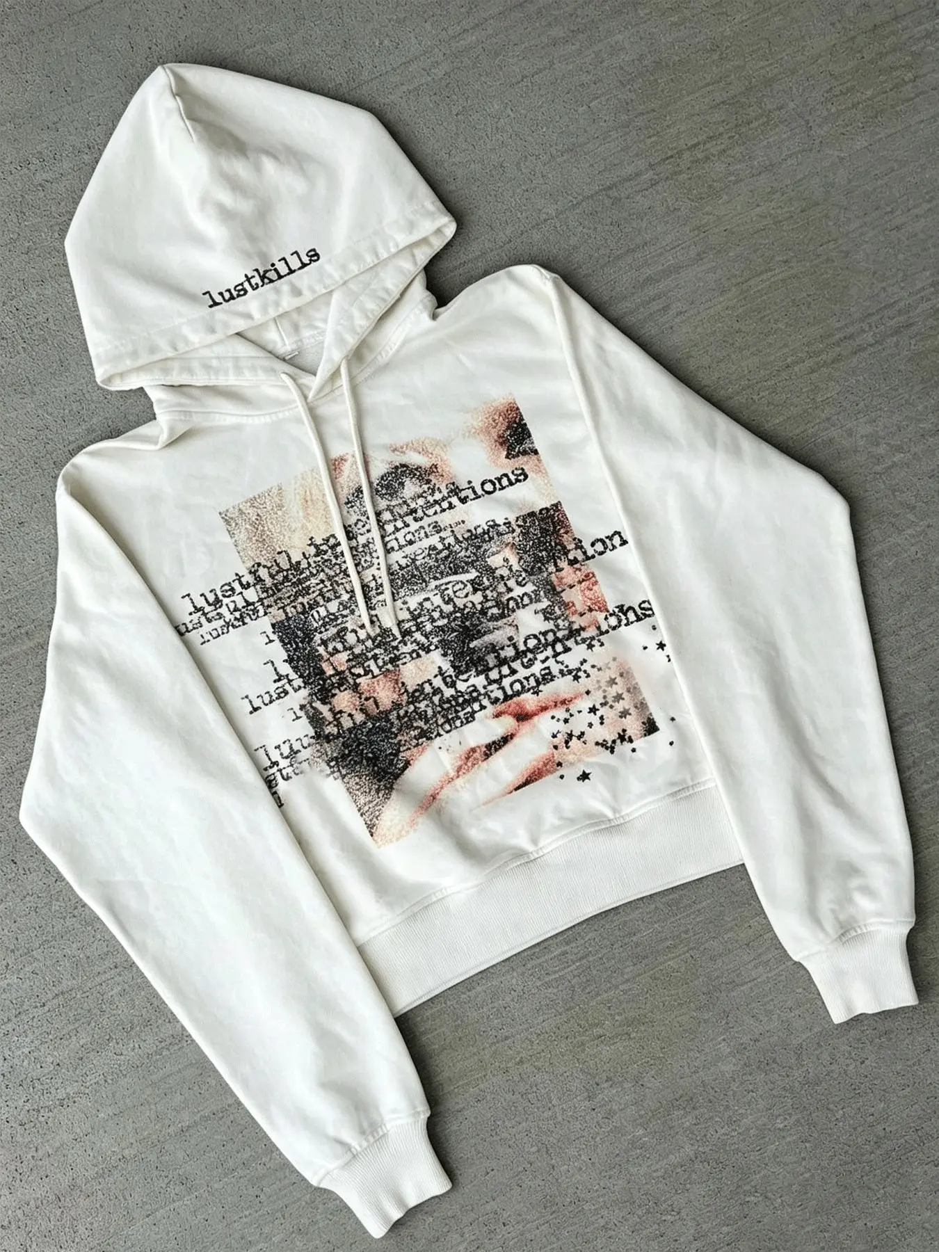Men White Cropped Hoodie Vintage Distorted Figure Glitch Text Print Lustkills Embroidery Oversized Drop Shoulder Streetwear Pullover Hooded Sweatshirt