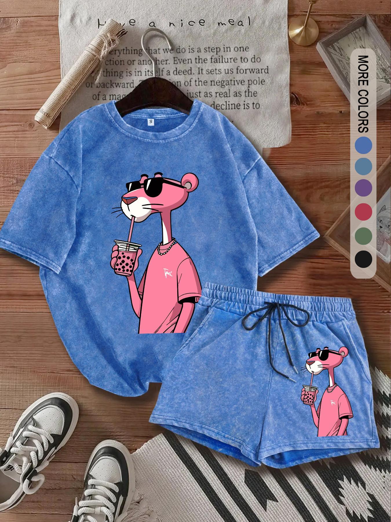 Two-piece Set Women's Panther Print Tee & Shorts, Casual Short Sleeve T-shirt & Shorts, Ladies Two-piece Outfits for Daily Wear, Clothes, Womenswear, Fitted, Crewneck Summer Beach Set, Shorts Sets