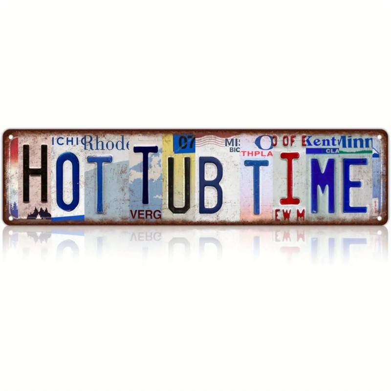 1PC 2D Plane Retro Iron Wall Decoration Sign - Hot Tub Time Nostalgic Street Scene Sign with Multi-State License Plate, 16x4inch Bathroom Home Decoration, No Electricity Required, Easy Installation, Metal Texture