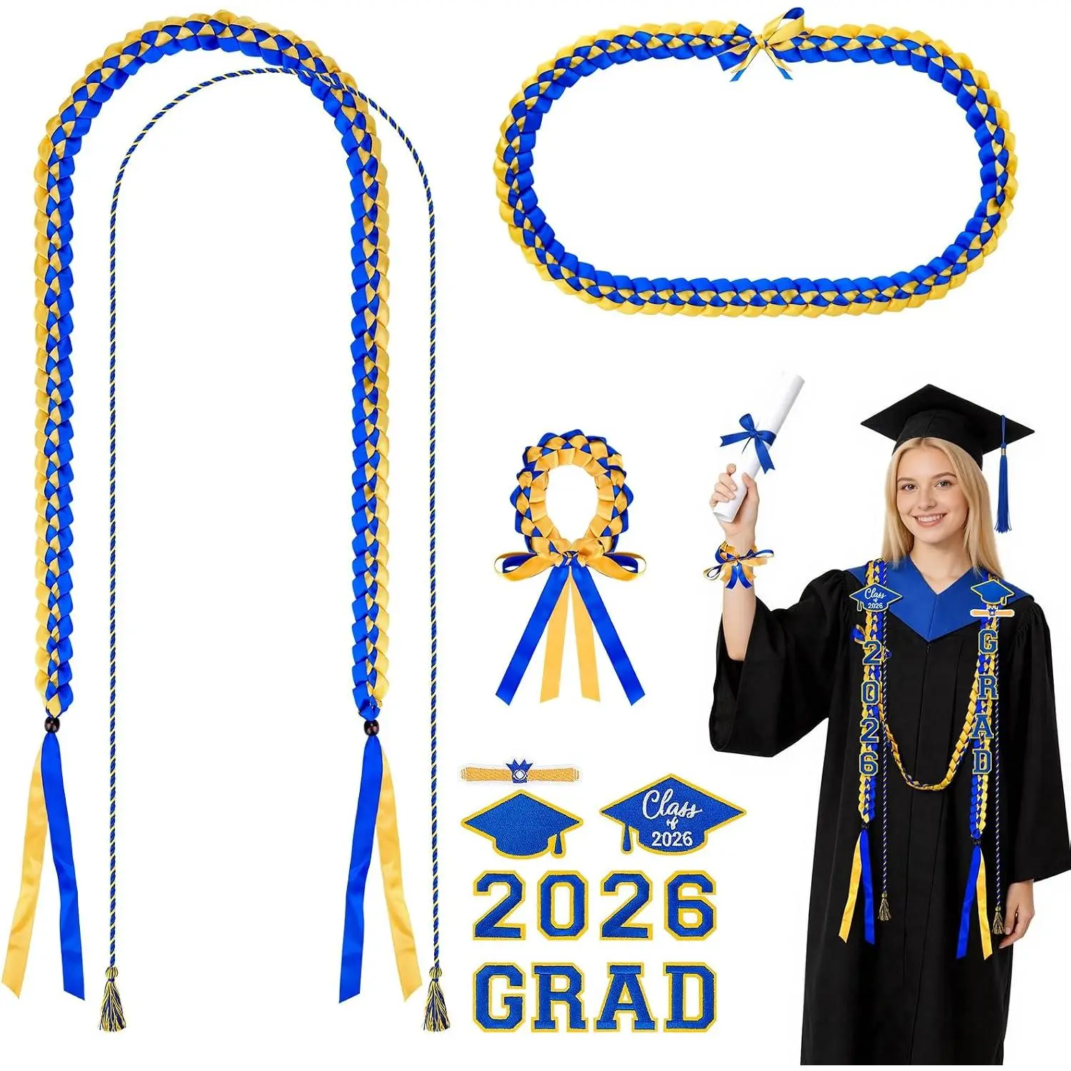 Graduation Leis Class of 2026-15 Pcs Double Braided Graduation Ribbon Leis and Grad Cord Adjustable Wristband with 2026 & Grad Patches Graduation Party Supplies(Blue and )