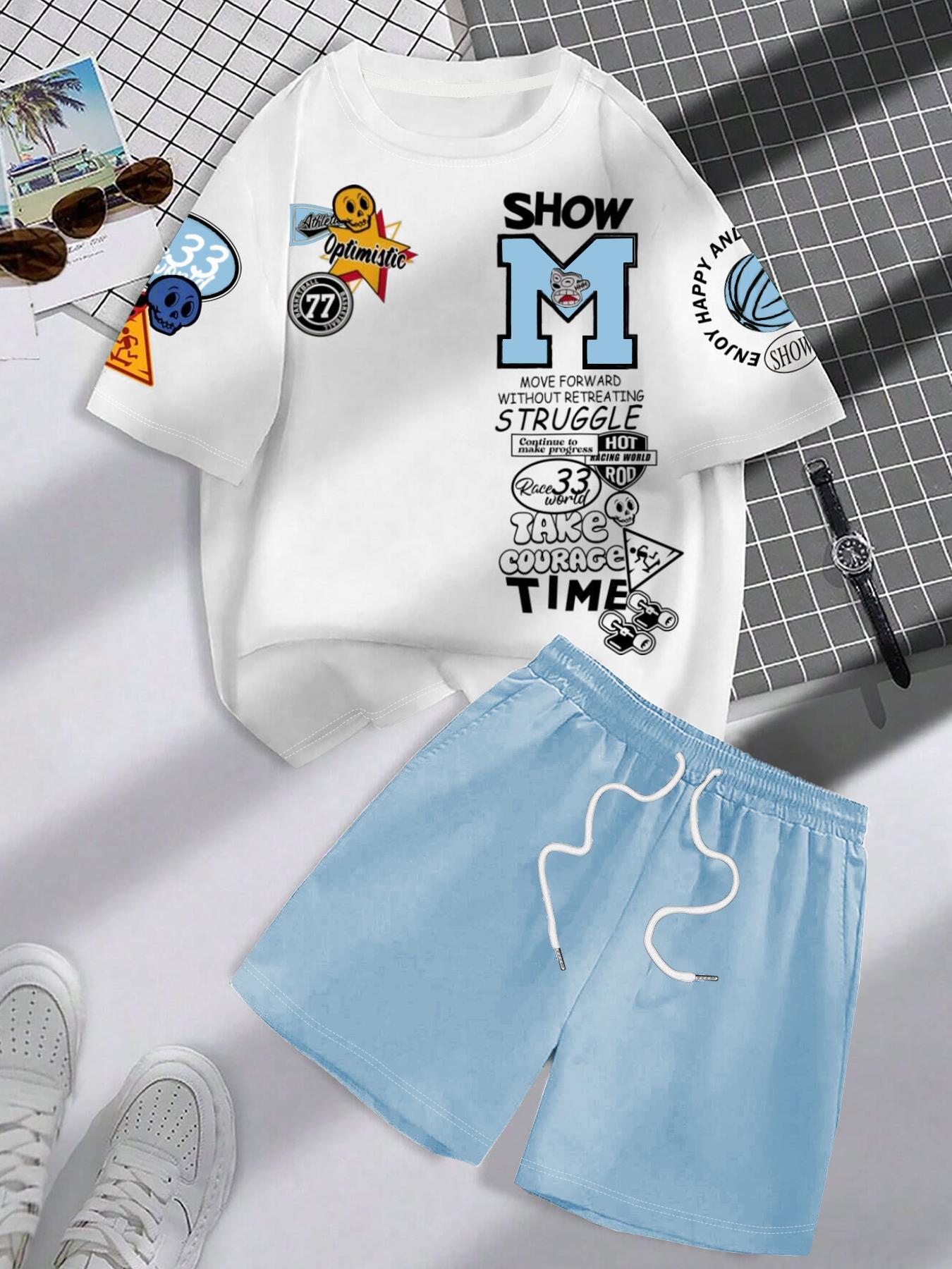 Men's Letter Print Short Sleeve Tee & Shorts Two-piece Set, Regular Fit Round Neck T-shirt & Track Shorts, Casual Fashion Cozy Breathable Men Two-piece Outfits for All Seasons
