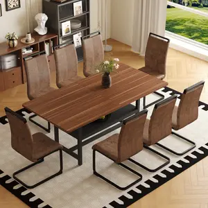AobtkelTable and chair set.71 inch long fashionable walnut grain dining table, a practical choice to add color to the home.Paired with 8 Technology-Fabric Brown Chairs With Black Sturdy Metal Legs.