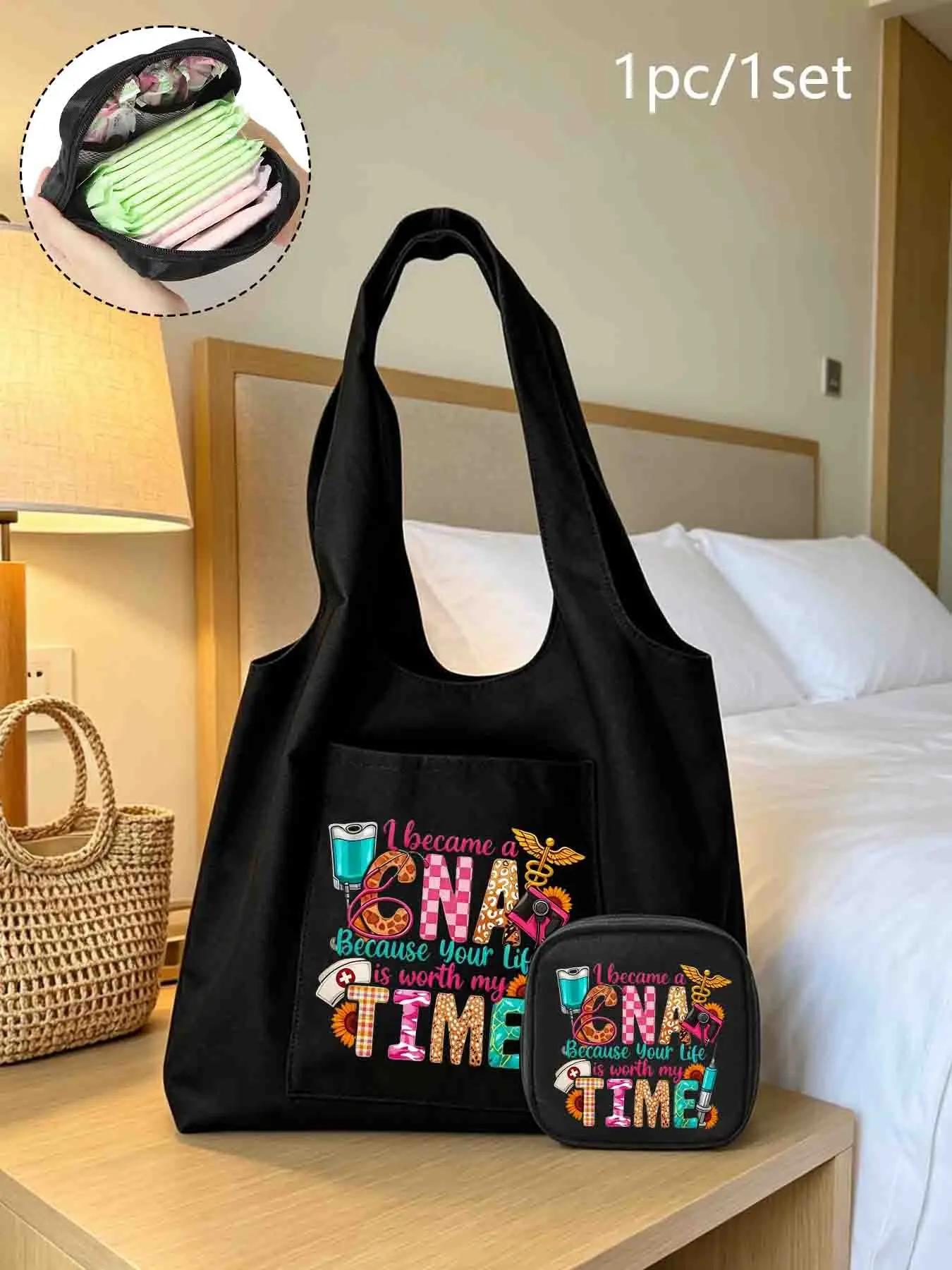Cna Medical Print Canvas Tote Bag Set, Reusable Travel Storage Bag, Nurse Daily Hospital Use, Gift for Nurses, Graduation, Holidays