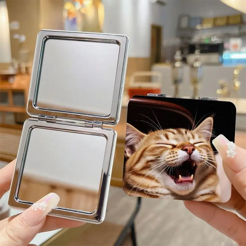 Cute Yawning Tabby Cat Print Double-Sided Foldable Mini Makeup Mirror, Travel Makeup Mirror, Portable Folding Mirror, Portable Handheld Compact Mirror, Lovely Cosmetic Mirror, Portable Vanity Mirror, Perfect Holiday Birthday Gift for Girls & Cat Lovers