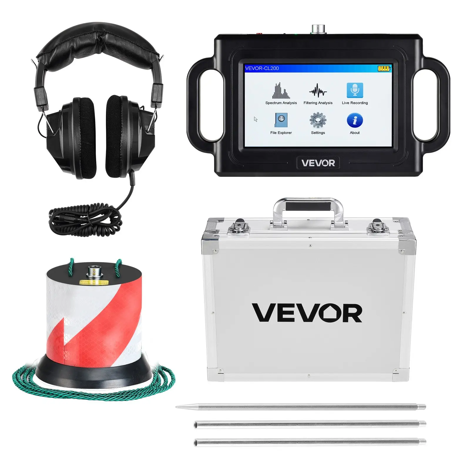 VEVOR Pipe Water Leak Detector, 1Hz-5000Hz 7" Touchscreen UI Locator for 2m (6.6FT) Underground Plumbing, Hard/Soft Soil Use, Sensor+Rods Kit with 3 Listening Rods, Headphones, 8GB Card, Carry Case