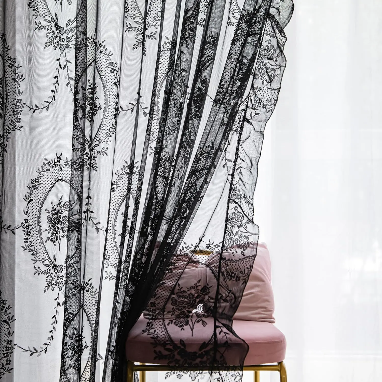 100% Lace Black Sheer Patterned Curtains - 2 Panels (57x72"), Rose Florals Embroidery, Shabby Chic Window Drapes for Nursery Room, Vintage Farmhouse Decor, Rod-Compatible, Window Treatment