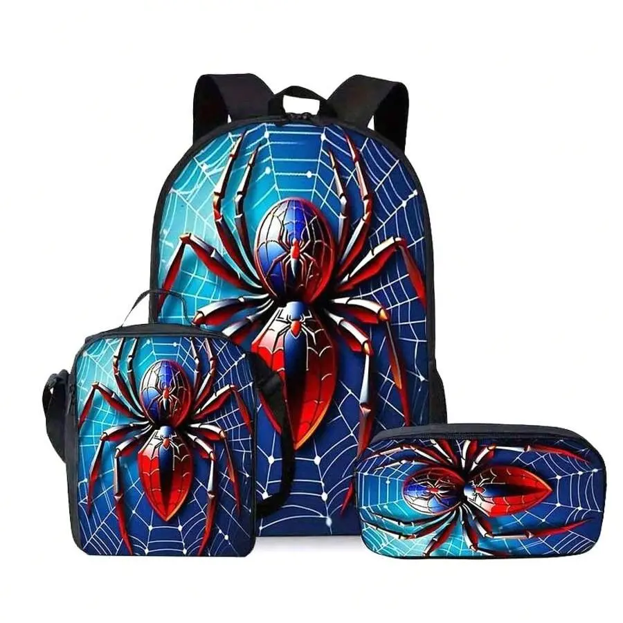 Set Of 3 Spider Backpacks - Spacious, Lightweight Shoulder Bags Featuring Adjustable Straps, Zipper Closure, And Machine Washable Fabric - Ideal For Travel And Commuting, Fun Design, 17in Bookpack