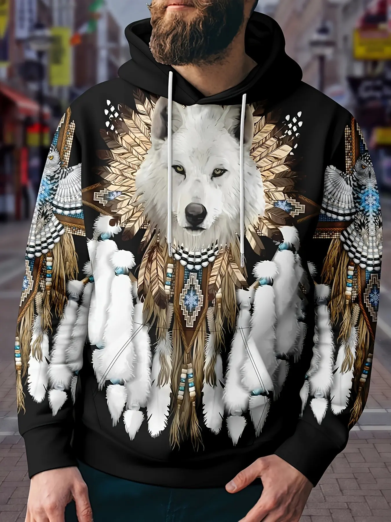 Indian Feather Wolf Print Hoodie, Vintage Ethnic Style, Loose-Fitting, Spring & Fall, Casual All over Print Hooded Sweatshirt