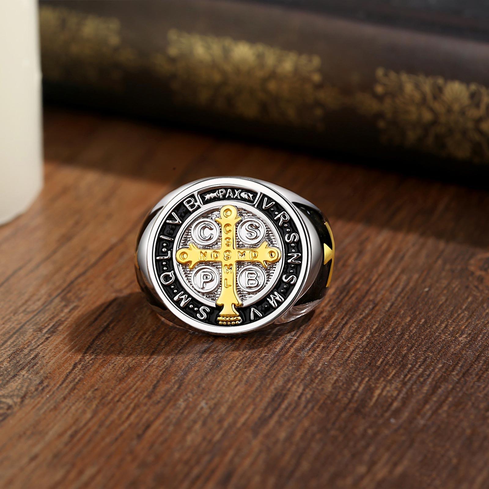 Eudora Saint Benedict Ring, Silver-Plated Protective Statement Ring, Vintage San Benito Cross for Men Adjustable Religious Jewelry