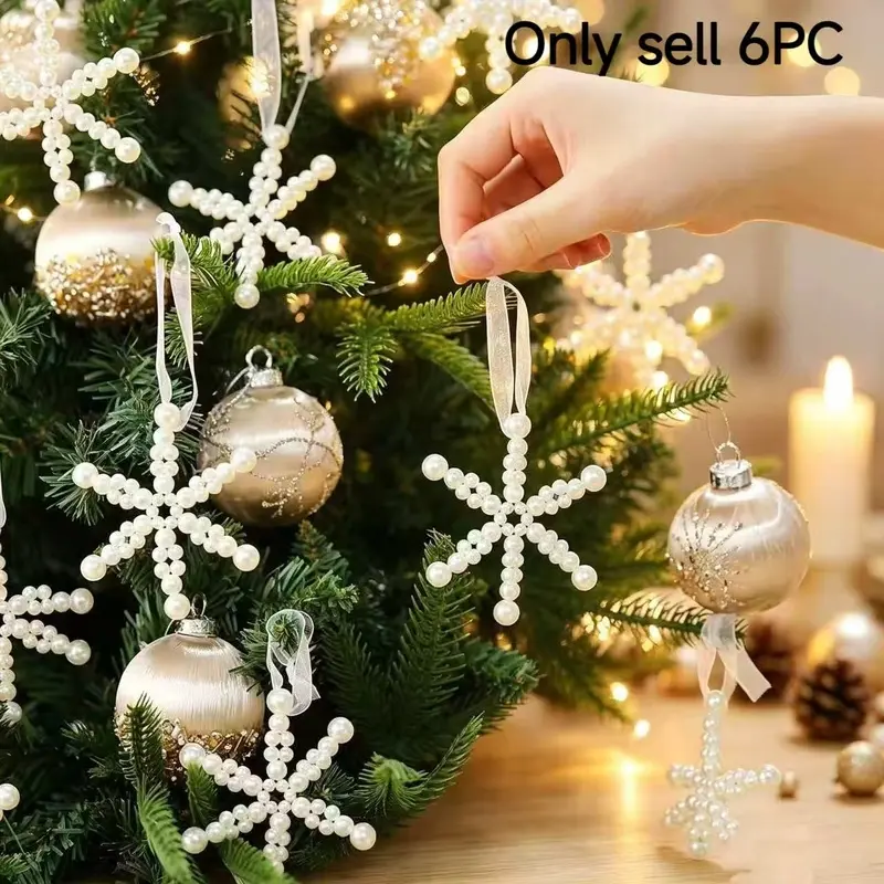 6 pieces of faux pearl snowflake Christmas ornaments in a light luxury ice and snow style, lightweight and easy to hang, versatile and durable, suitable for home, yard, store, window display, party, and wedding decorations, ideal for gifting
