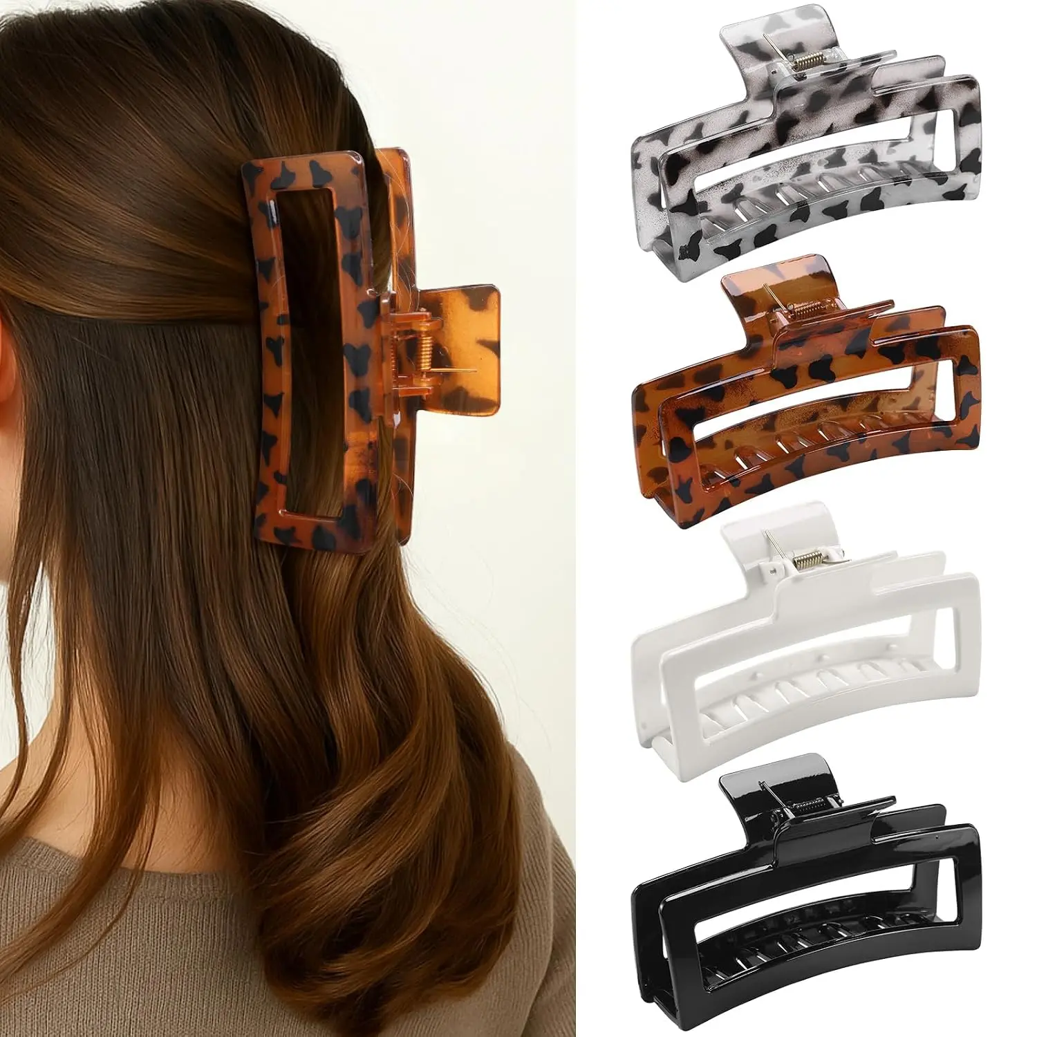 5 Inch XL  Large Claw Clips, 4-Pack  Rectangle Big Hair Clips for Women, Non-Slip Dark & Light Leopard