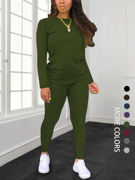 Women's Solid Long Sleeve Tee & Elastic Waist Pants Set, Casual Round Neck Top & Trousers for Spring & Fall, Women's Clothing for Daily Wear