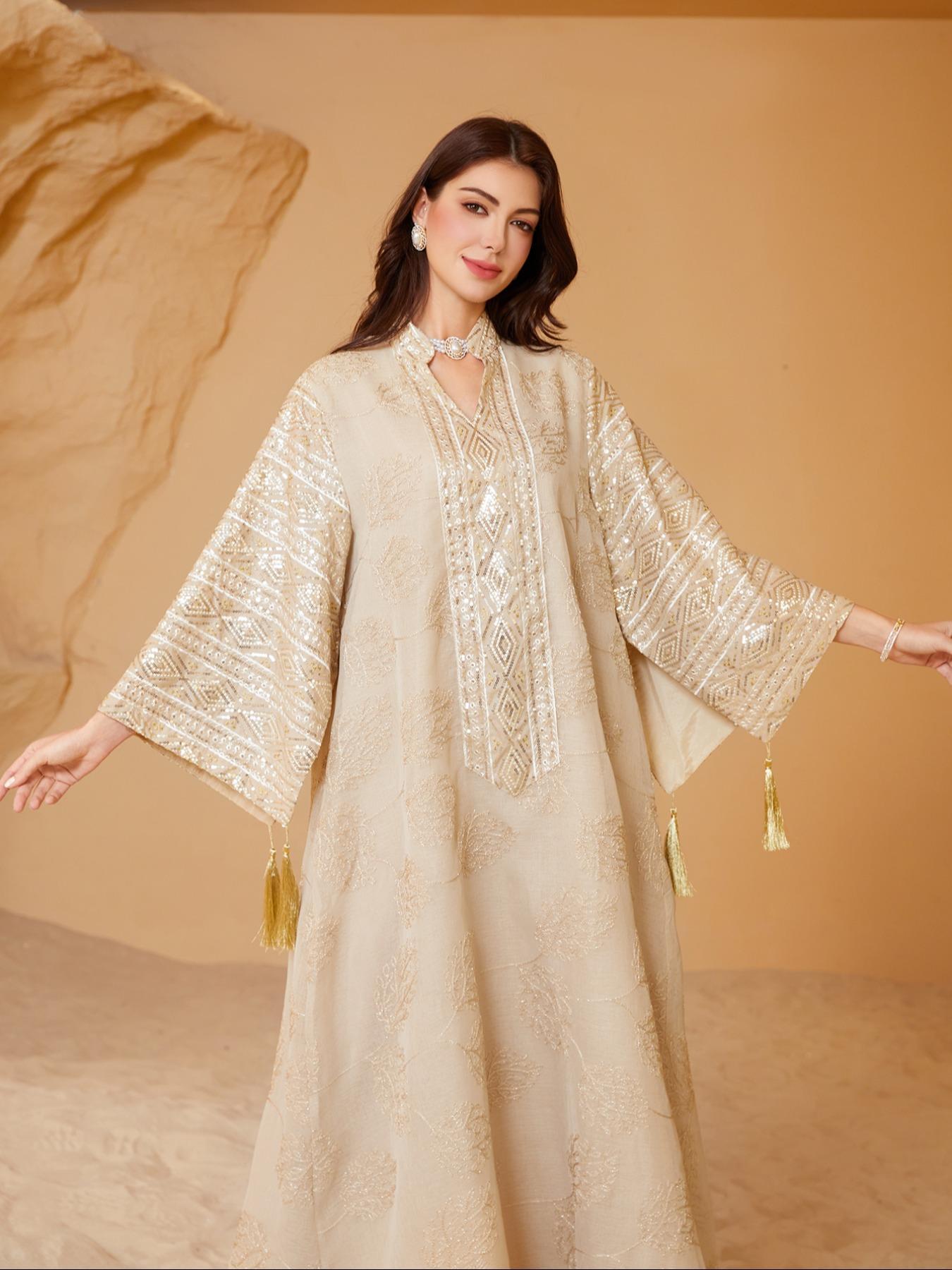Women's Embroidery Long Sleeve Woven Dress,Elegant Fringe Trim Arabic Clothing for Party Evening Formal Occasions,Ladies Clothes for All Seasons