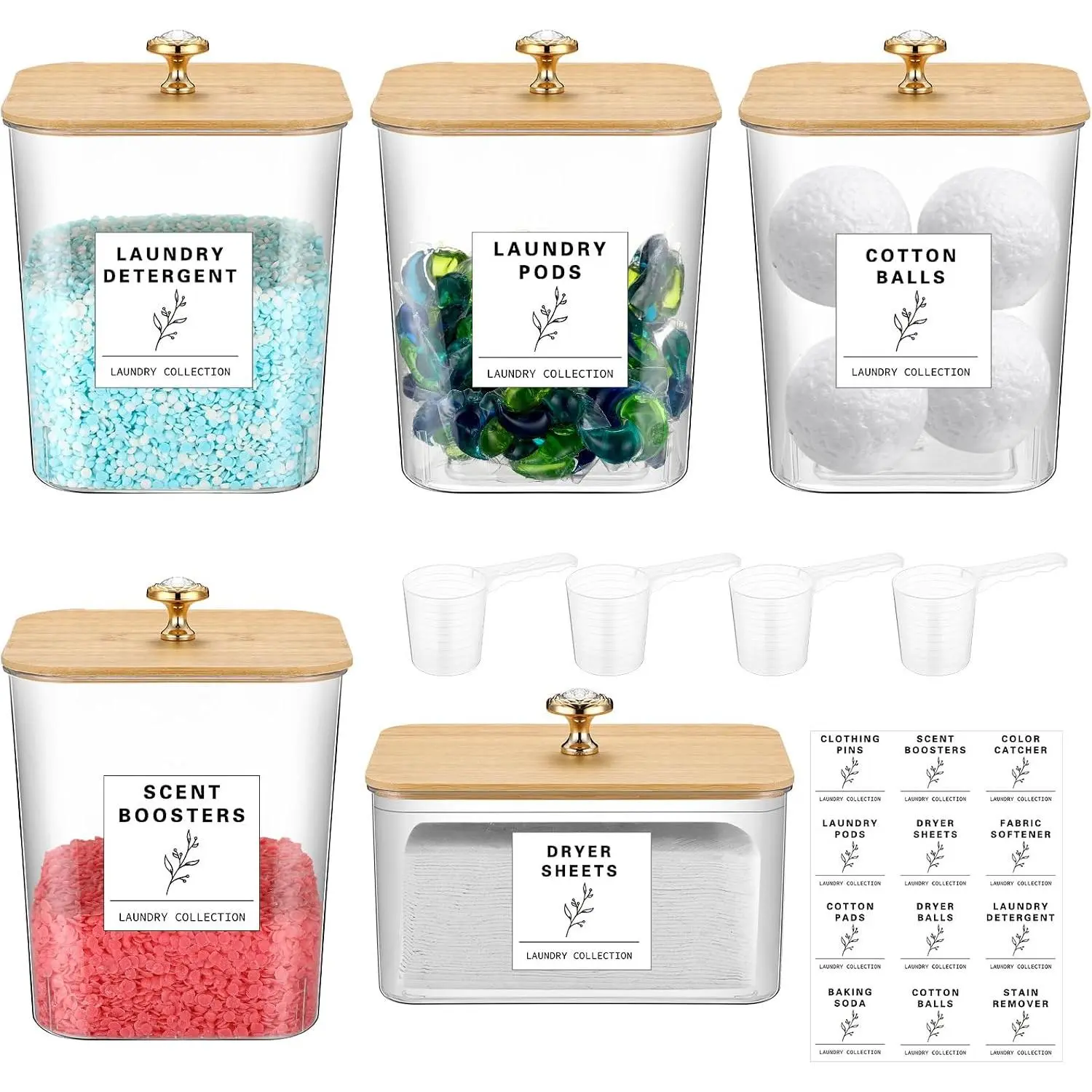 Laundry Storage Container - 5-Count Pod Holder, Dryer Sheet Holder, 3L Capacity Modern Home Organizer with Labels for Detergent, Scent Booster (Organized Home Supplies)