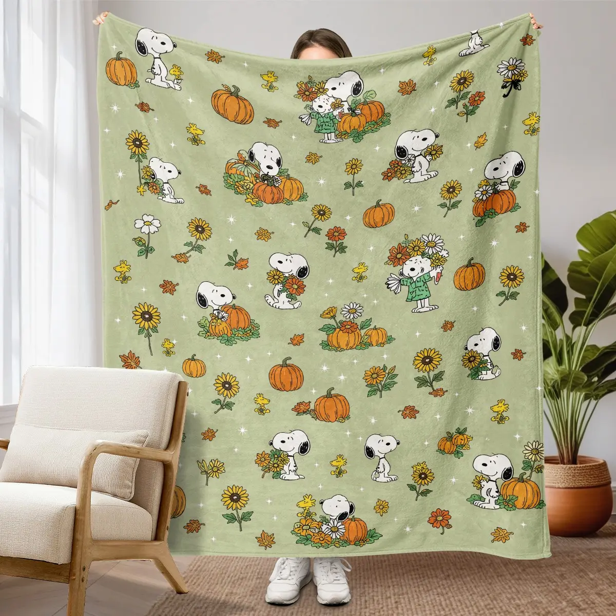 1pc Autumn Snoopy Pumpkin Sunflower Flannel Blanket, Full Printed Snoopy Puppy, Pumpkins, Sunflowers, Autumn Leaves Fresh Cartoon Elements. Soft Warm Nap Throw For Sofa, Bed, Office, Shawl, Camping, Ideal Gift For Halloween & Thanksgiving.