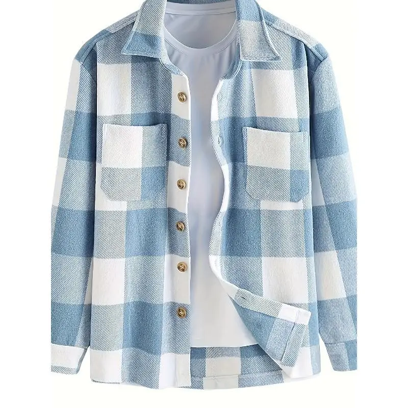 Lightweight Flannel  Men's Plaids Shirt Button Down Shacket Casual With Pockets Collar Menswear Collar Tops Overshirt Sleeve Hem Polyester