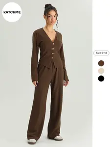 Women's Elegant V-Neck Long Sleeve Button-Up Top with High-Waisted Wide-Leg Pants, Soft Comfortable Basic Home Wear Set, Casual Slim Fit Suit Elegance