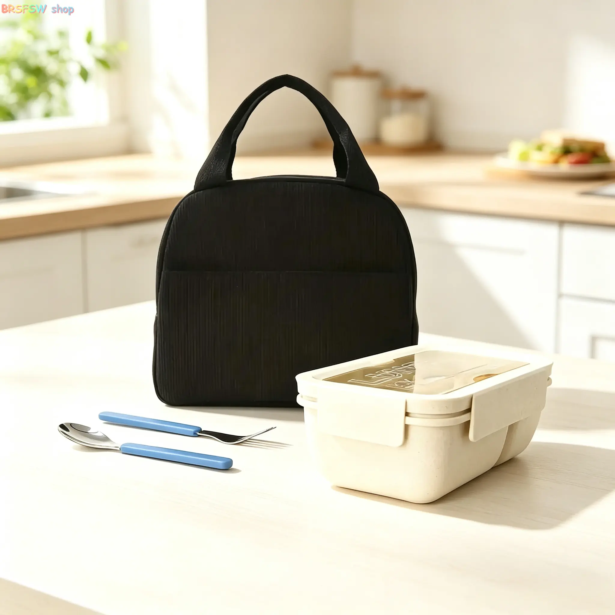 Insulated Corduroy Lunch Bag - Leak-proof Sealed Thermal Bag with Front Pocket, Reusable Wheat Straw Lunch Box Set for Work, Outdoor Use