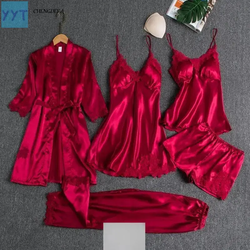 YYT1 (New)  Women's 5PC Basics-Lace Satin Pyjama Set, Lady's V-Neck Nighties & Gown, Black/Pink, XXL Home Loungewear (& Outdoor Dresses), Pyjama Sets, Nightwear