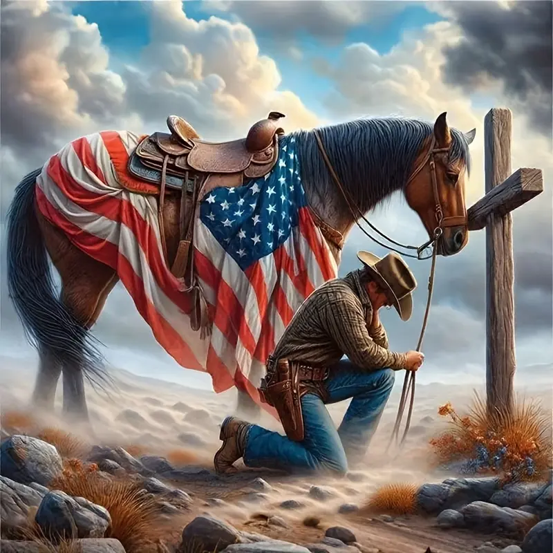 5D Full Drill Acrylic Diamond Painting Kit - Kneeling Cowboy, Cross, American Flag, Horse, Western Desert Faith Patriotic Art for Home Wall Decor, DIY Rhinestone Canvas with Tools, Diamond Art Kits