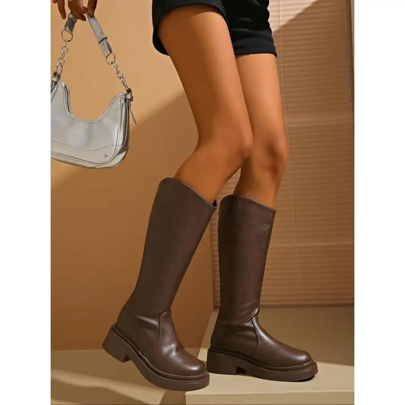 Women's Fashionable Solid Color Boots, Casual Comfortable Zipper Design Knee Boots for Daily Wear, Perfect for Students and Outdoor for Women & Girls