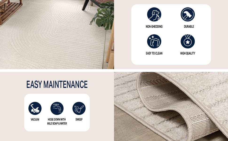 Hallie High-Low Curve Ivory/Cream Indoor/Area Rug, 3x5, Minimalist, Pet Friendly, Non-Shedding, Stain Resistant, Hose-Washable for Backyard,, Porch (SCN100B-3)