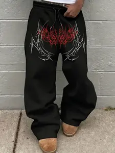 Men's Street Style Thorn Line Print Sweatpants, Comfortable Loose-Fit Oversize Baggy Casual Pants, Unisex Daily Wear, All Seasons, Streetwear