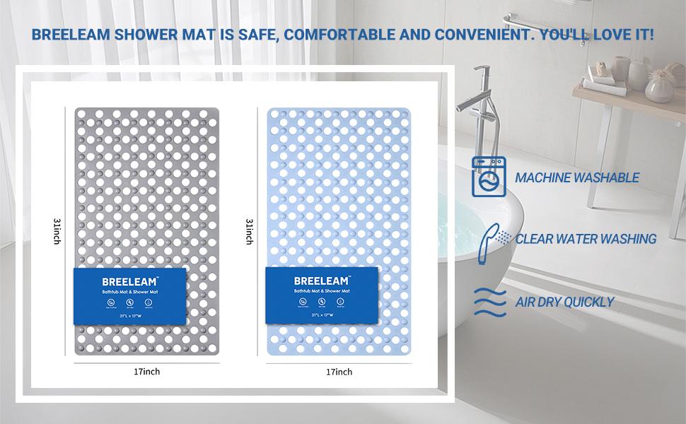 Non Slip Bathtub Mat and Shower Mat 31x17 inch,Bath Mat with Quick Dry Drain Holes and Suction Cups, Soft Comfortable Safe Bathroom Mat for Bath Tub, Floor, Tile (Grey)