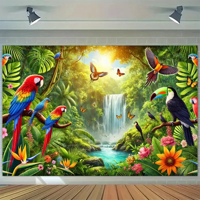 Vibrant Parrot Party Backdrop - Tropical Photography Background with Lush Foliage, Cascading Waterfall & Colorful Birds for Indoor/Outdoor Decor, Birthday, Holiday & Studio Props