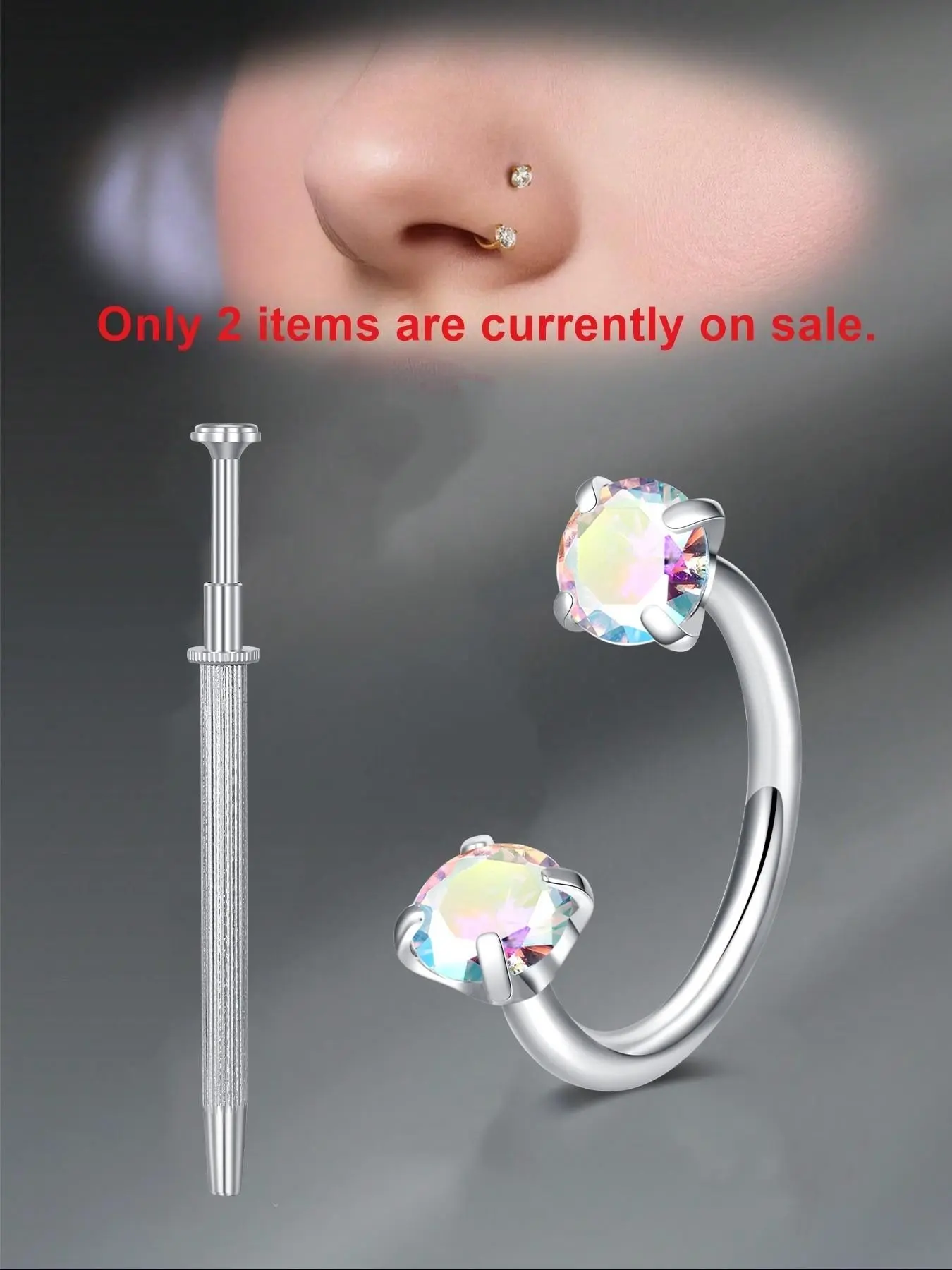 2PCS Stainless Steel Horseshoe Nose Rings, Nose Rings Set, 16G Internal Thread Nose Rings For Women Men, Crystal Horseshoe Septum Lip Ear Piercing Jewelry-8mm Piercing Taper Ball Grabber Tool For Changing Jewelry, Helix Pierced Ring