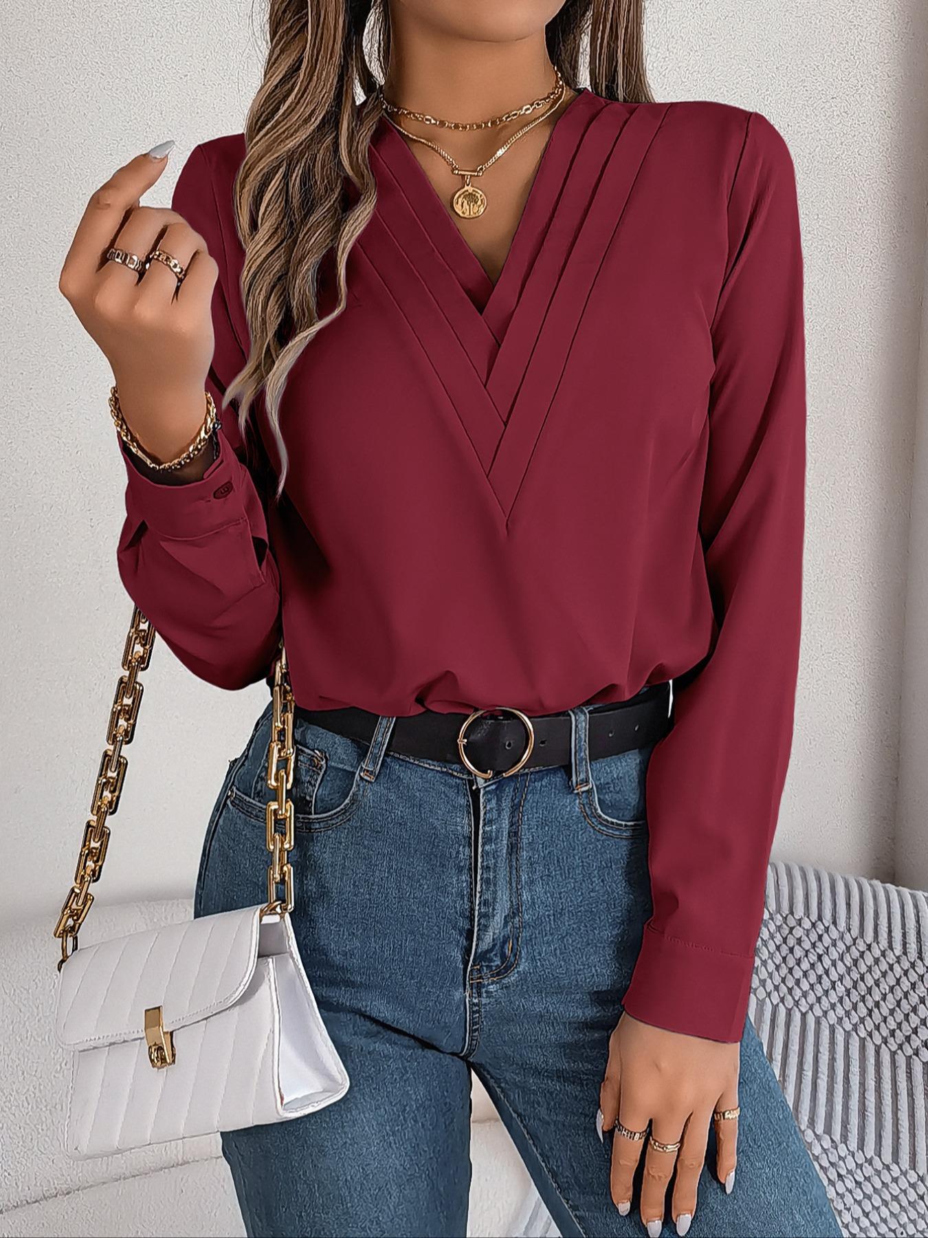 Women's Plain V Neck Blouse Elegant Long Sleeve Shirts Top for Spring & Fall, Ladies Clothes for Daily Wear, Fall Clothing Women, Comfort Womenswear, Going Out Tops, Casual Classy Top, Fall Clothes, Coquette Autumn Clothing