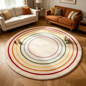 Rainbow Circle Round Rug, Macaron Multi-Color Concentric Design, Soft Comfortable Mat, Hand Wash Only, Ideal for Living Room, Bedroom, Kitchen, Hallway