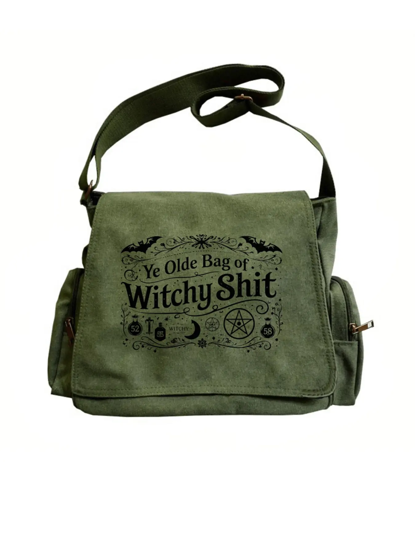 Women's Witch Theme Large Capacity Canvas Crossbody Bag, Adjustable Strap, Vintage Design, Magical Symbols, Fits iPad, Perfect Gift