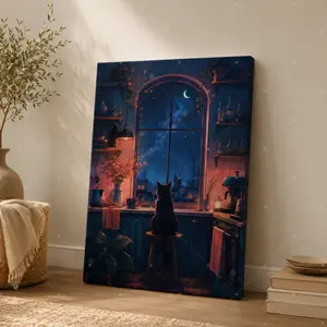 Midnight Kitchen Black Cat Vertical Canvas Wall Art, Cosmic Night Sky Poster, Home Decor for Living Room Bedroom, Available as Unframed Canvas Poster or Framed Canvas Wrap