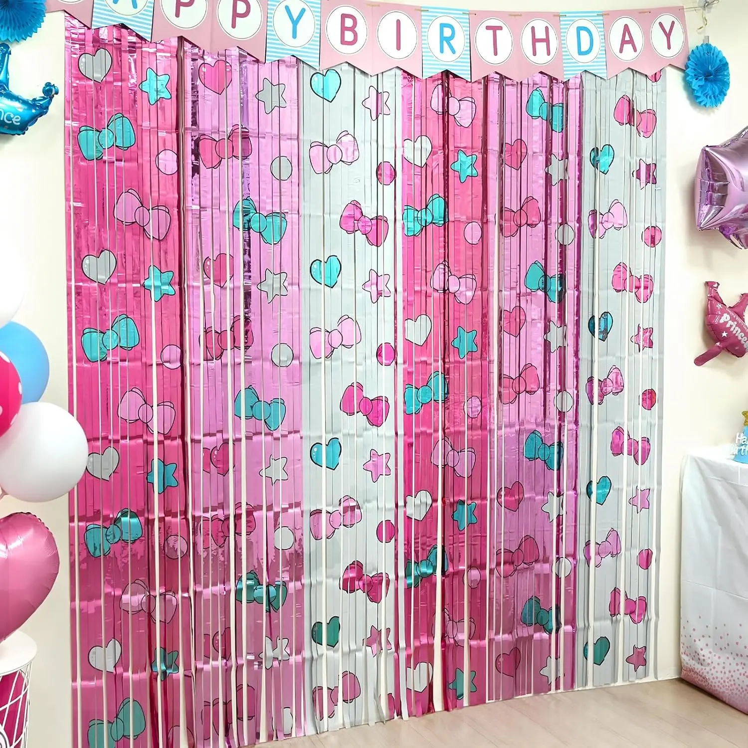 Tinsel Foil Fringe Curtains 2 Pack, Pink Bow Backdrop, Cartoon Cat Party Decorations, Photo Booth Props, Room and Doorway Decor for Girls