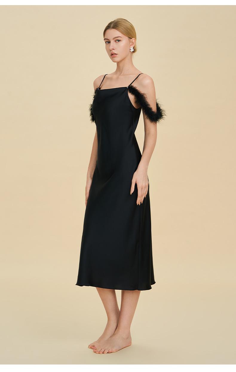 Sexy nightgown with straps, Russian cross-border one-shoulder dress, faux acetate nightgown, light luxury bridesmaid gift, strap dress, sexy off-shoulder feather-trimmed satin long dress, spicy girl style slim-fit bodycon dress