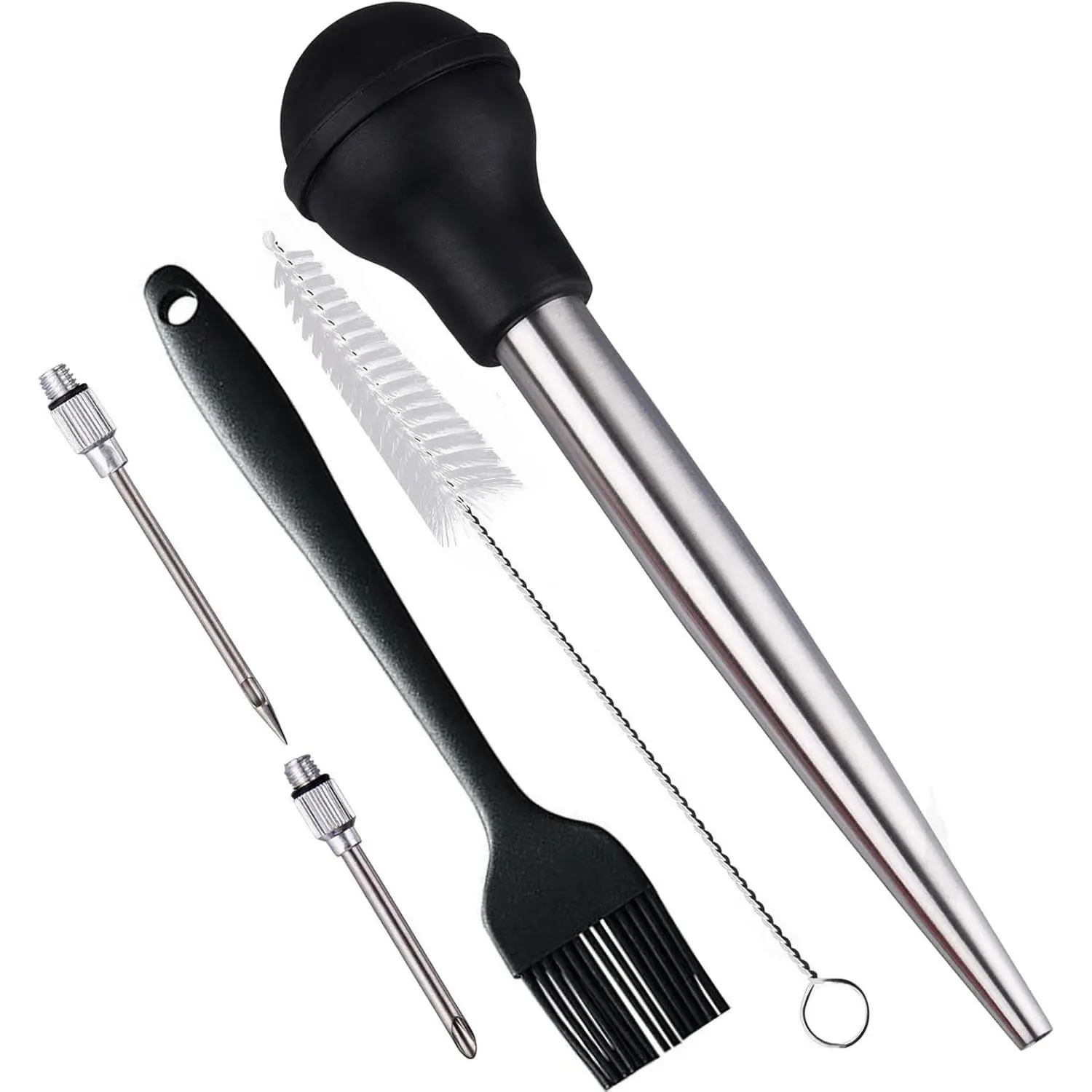 Turkey Baster, Baster Syringe for Cooking, Baster with Cleaning Brush &BBQ Brush&Marinade Needles, Stainless Steel Turkey Baster with Silicone Bulb, Baster for Home Baking&Kitchen Black