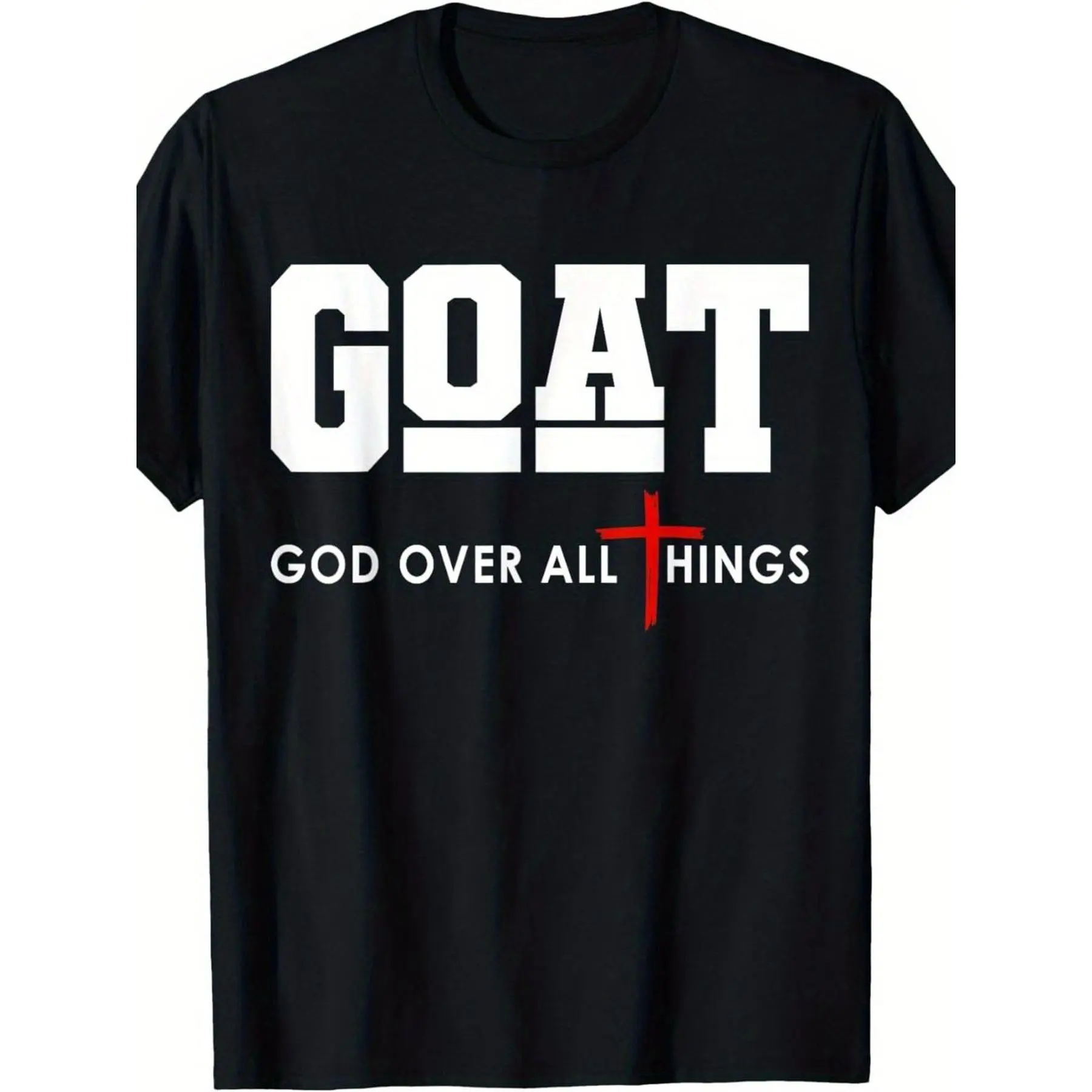 GOAT Graphic Tee - Black Crew Neck with White Lettering And Red Cross Design | <God Is All-Powerful> Statement Edition | an Ideal of Casual Wear And Spiritual Motivation | A Distinctive Gift Option for Those Who Love for Faith And Sports