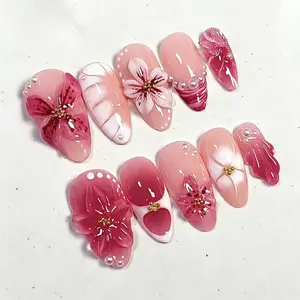 Viral Effortless Glamour Press On Nails 30 Pieces Handmade Rhinestone Almond Shape 3D Flower Butterfly Pearl Reusable Acrylic Fake Nails Natural Fit For Women Date Party Daily Wear Main Character Energy