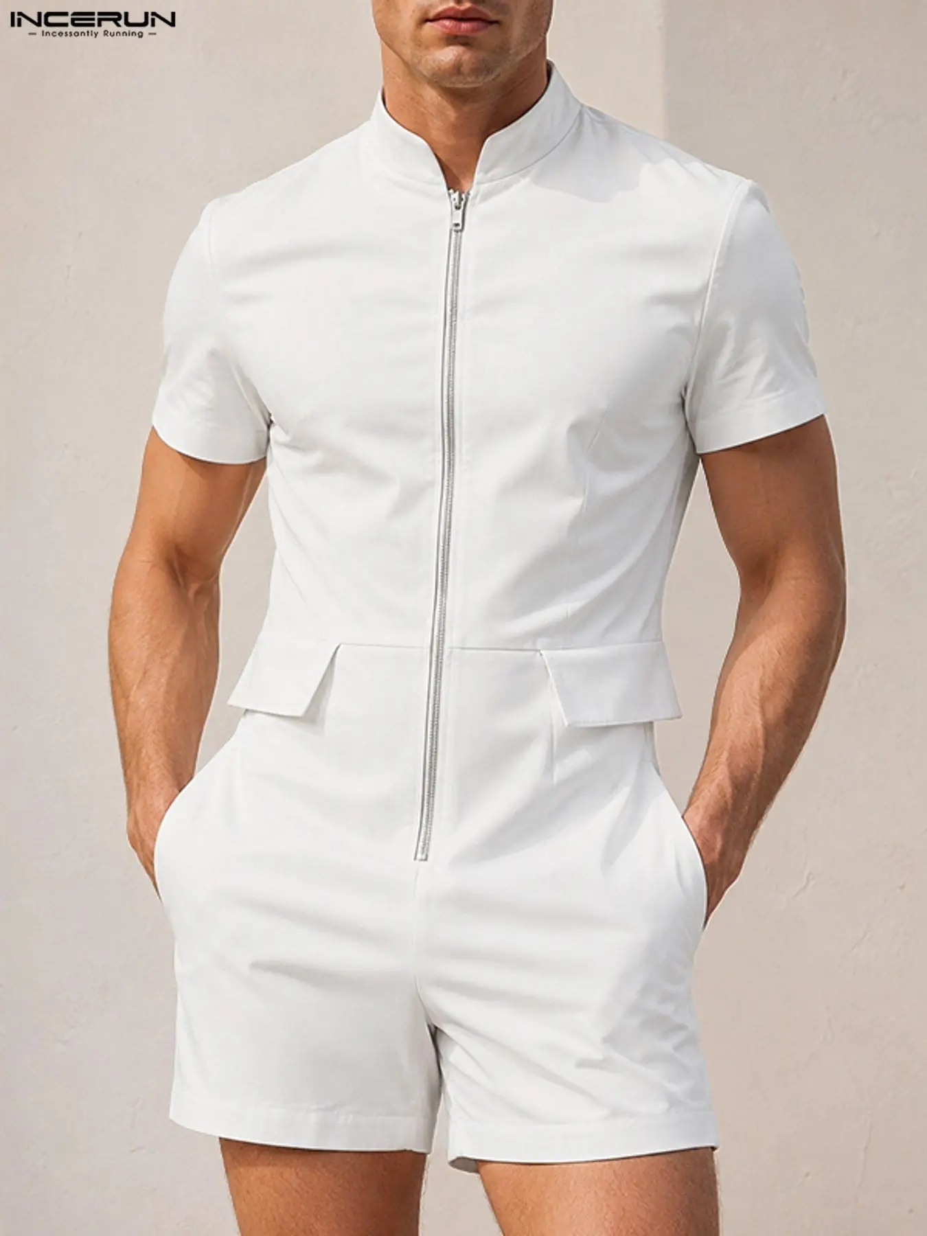 INCERUN Men's Fashion Stand Collar Zipper Design Mid-Length Romper Jumpsuits, Stylish and Comfortable, Perfect for Casual Wear, Trendy Men's Clothing