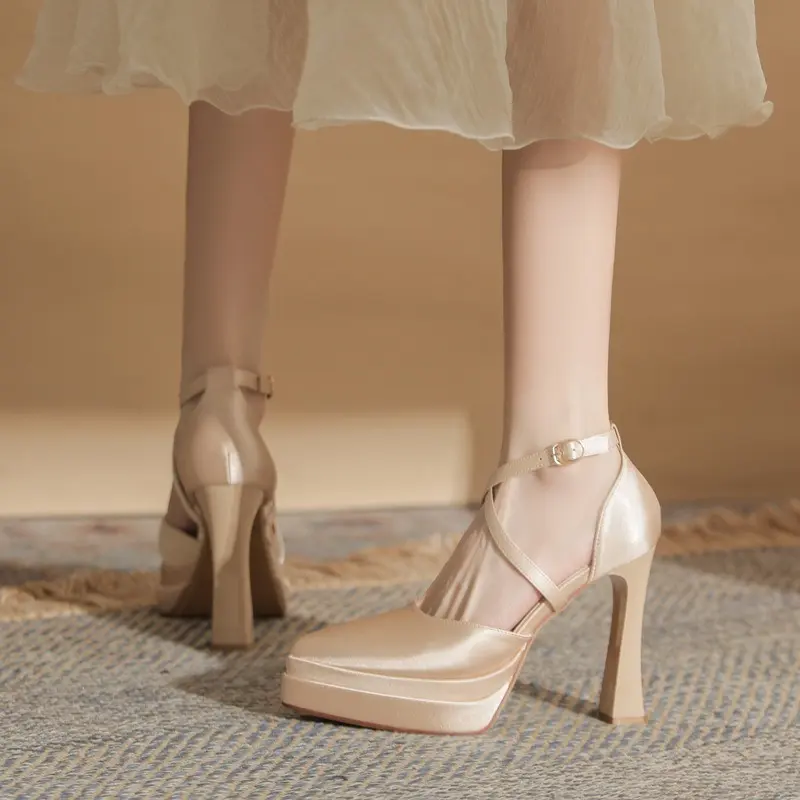 Women Pointed Toe Satin Crisscross Ankle Strap Pumps, Double Platform Block Ultra High Heel Office Evening Party Shoes
