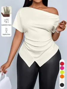 Summer Casual Plus Size Women's Solid Color Top, Asymmetrical Hem Short Sleeve T-Shirt, Fashionable Tee for Daily Wear