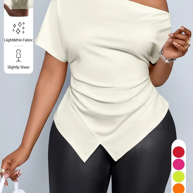 Aliling Solid Color Plus Size Women T-Shirt Top, Off Shoulder Short Sleeve Fitted Waist Asymmetrical Hem, Casual for Office and Daily Wear