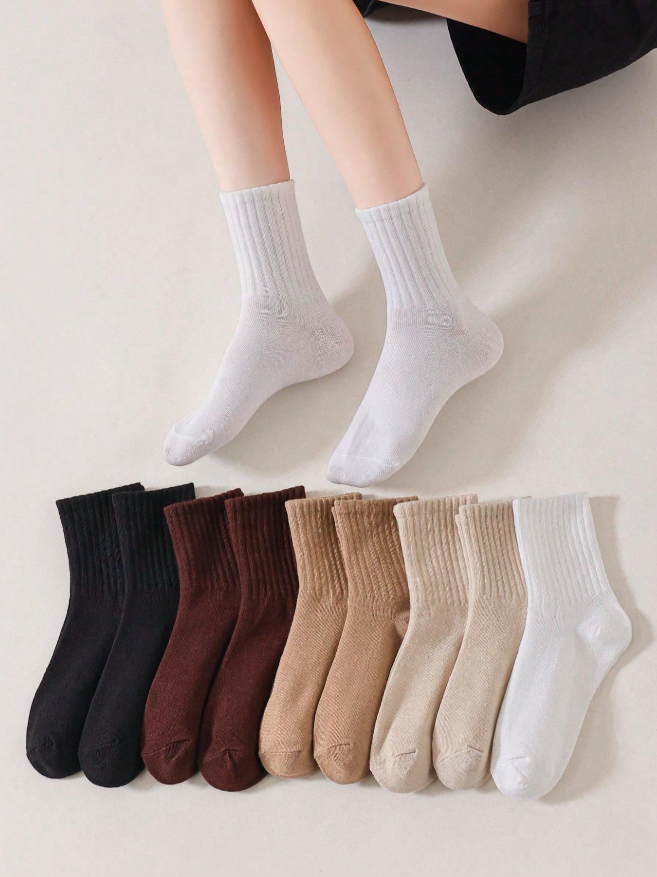 Women's 10 Pairs Minimalist Solid Crew Socks, Fashion Casual Cozy Breathable Mid-calf Socks for Daily Outdoor Wear, Basic Women Socks for All Seasons, Comfort Knit Socks for Women Girls