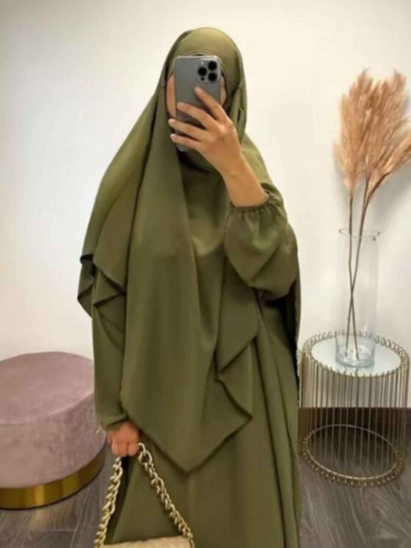 Women's Solid Long Sleeve & Abaya Hijab Set Casual Two-piece Islamic Clothing for Daily Wear, Ladies Islamic Clothing for All Seasons