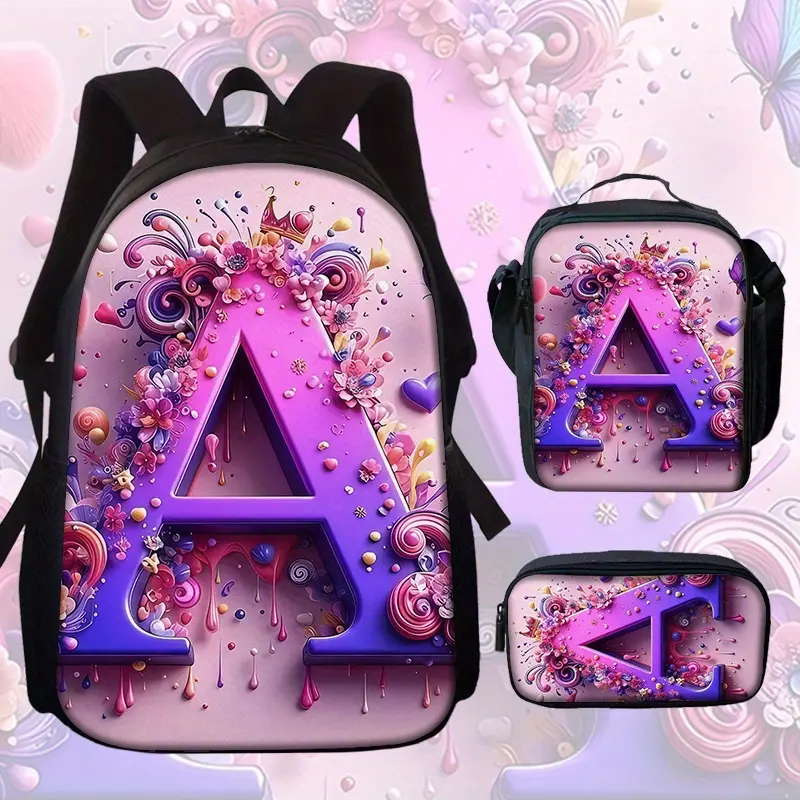 Preppy 3-Piece Synthetic Floral Letter Backpack Set - Large-Capacity Casual Backpack, Multi-Functional Pencil Case, Waterproof Lunch Bag with Adjustable Shoulder Straps, Zippered Details for School Travel