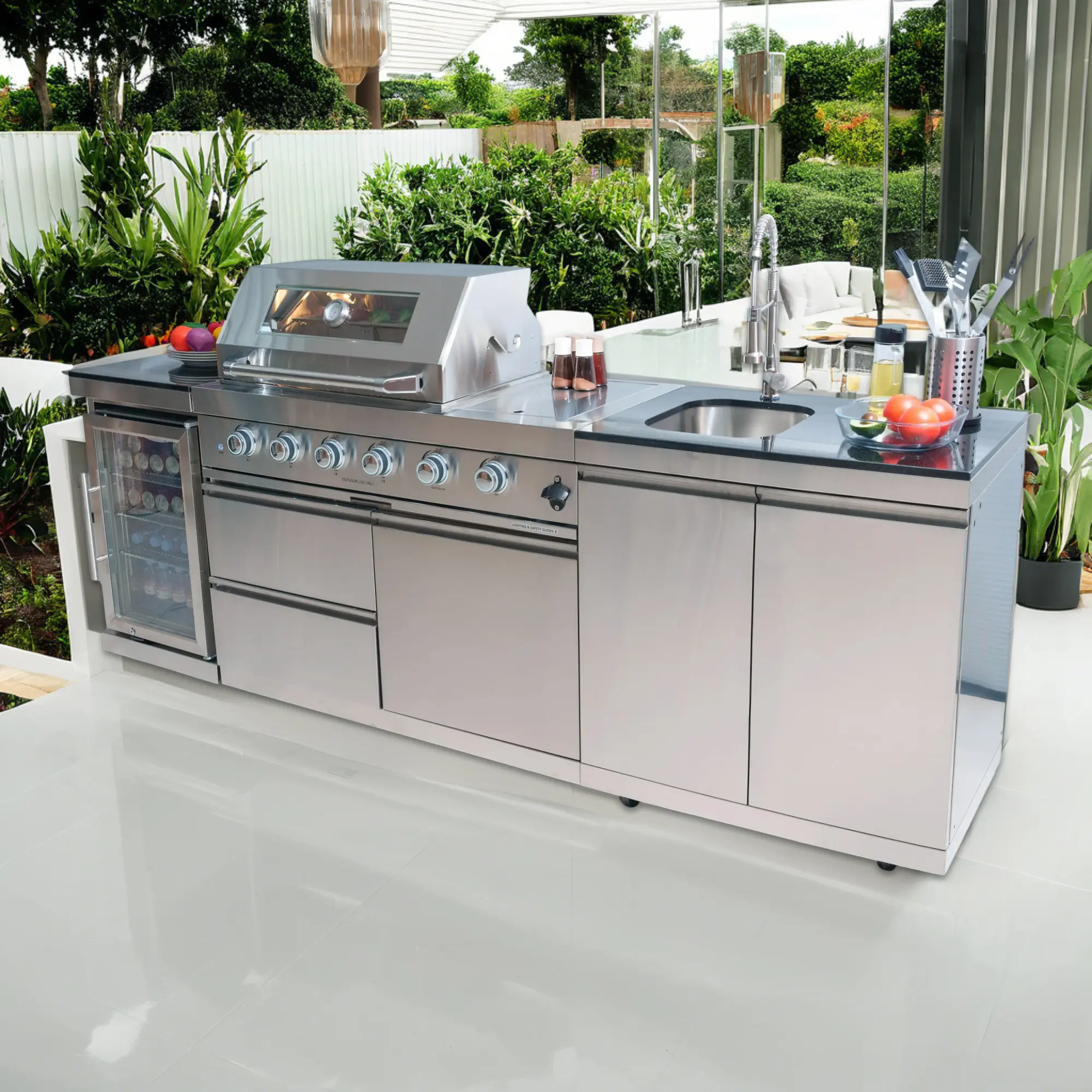 ARCH 46-Inch 4-Burner 72000 BTU Stainless Steel Gas Outdoor Kitchen Island Grill with Wine Cooler Refrigerator Rotisserie Granite Countertops Storage Cabinets Drawers for Patio Backyard BBQ Cooking, Silver Color Options, Stainless Steel Material